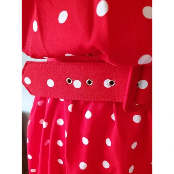 Vtg Blair Sz L Rockabilly Midi Dress Sleeveless Red White Polka Dot Long Belted - Picture 2 of 11